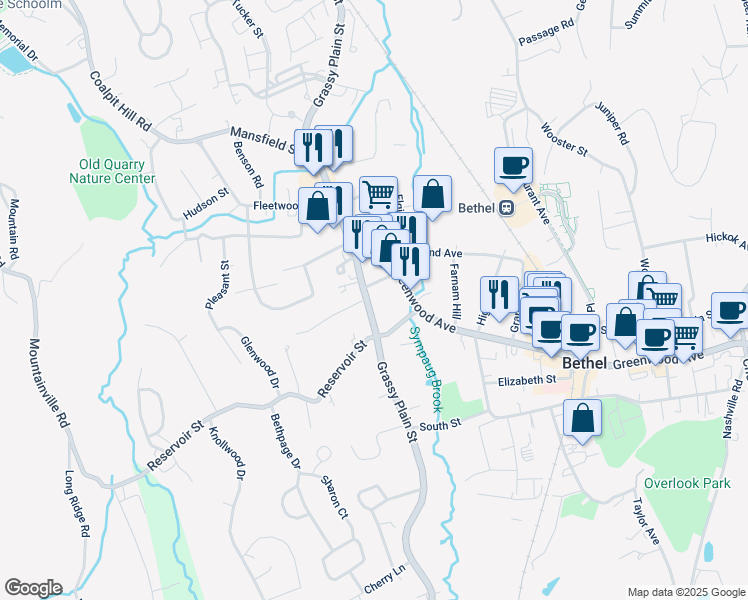 map of restaurants, bars, coffee shops, grocery stores, and more near 68 Grassy Plain Street in Bethel