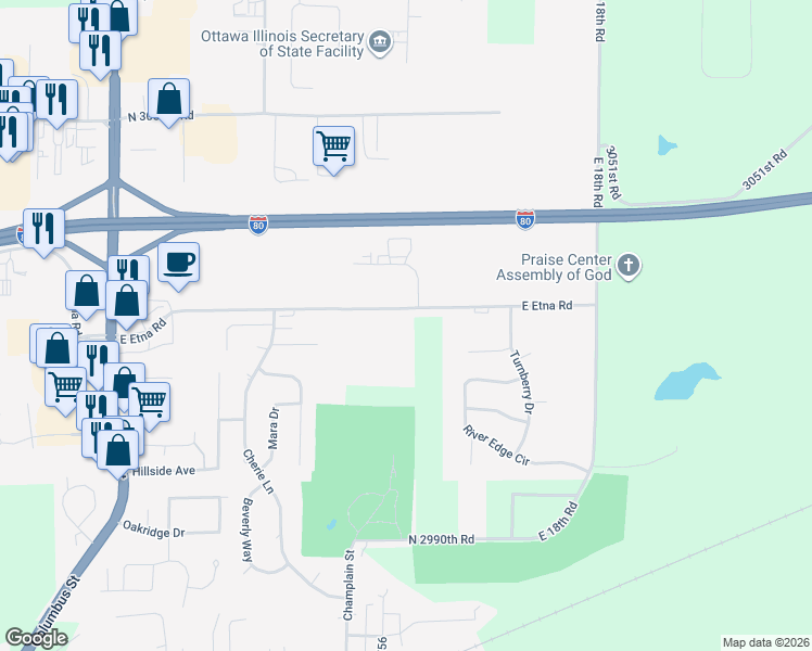 map of restaurants, bars, coffee shops, grocery stores, and more near 799 East Etna Road in Ottawa