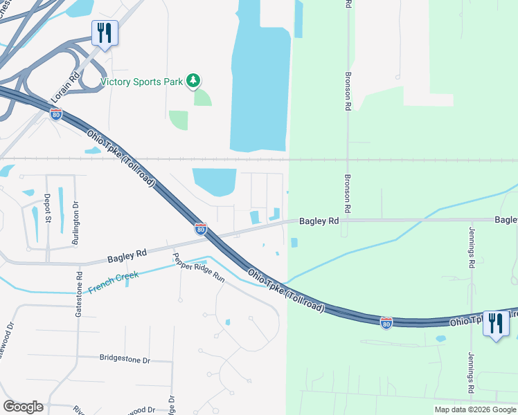 map of restaurants, bars, coffee shops, grocery stores, and more near Ira Drive in North Ridgeville