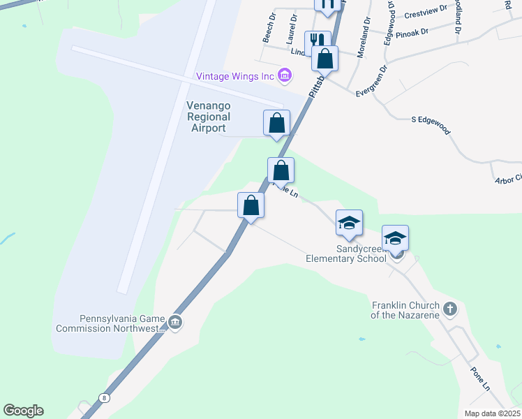 map of restaurants, bars, coffee shops, grocery stores, and more near 1401 Pittsburgh Road in Franklin