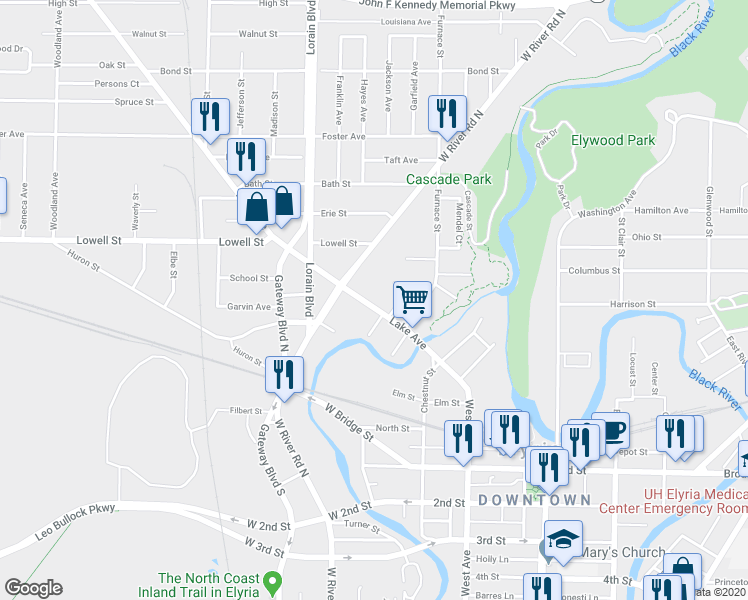 map of restaurants, bars, coffee shops, grocery stores, and more near 237 Lake Avenue in Elyria