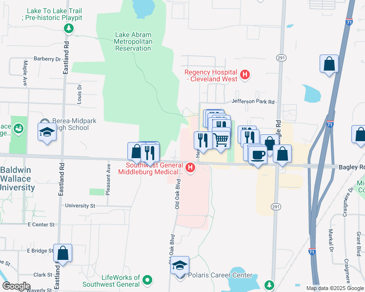 map of restaurants, bars, coffee shops, grocery stores, and more near 18660 Bagley Road in Middleburg Heights