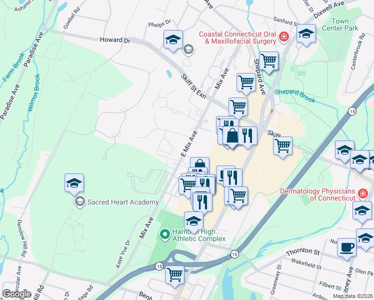 map of restaurants, bars, coffee shops, grocery stores, and more near 745 Mix Avenue in Hamden