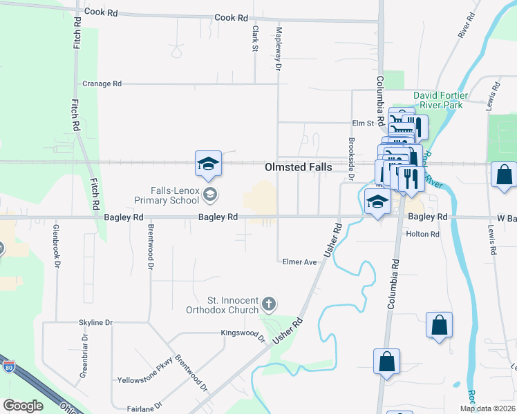 map of restaurants, bars, coffee shops, grocery stores, and more near 26100 Bagley Road in Cleveland