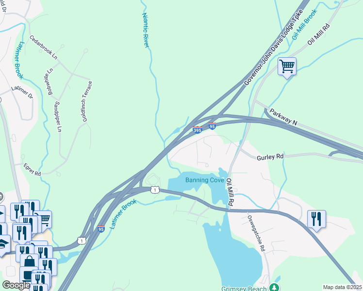 map of restaurants, bars, coffee shops, grocery stores, and more near 33 Gurley Road in East Lyme