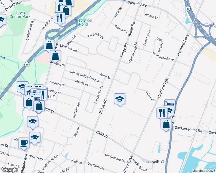 map of restaurants, bars, coffee shops, grocery stores, and more near 1365 Ridge Road in North Haven
