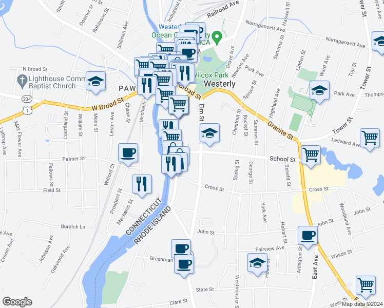 map of restaurants, bars, coffee shops, grocery stores, and more near 35 Elm Street in Westerly