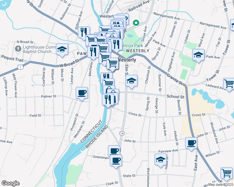 map of restaurants, bars, coffee shops, grocery stores, and more near 138 Main Street in Westerly