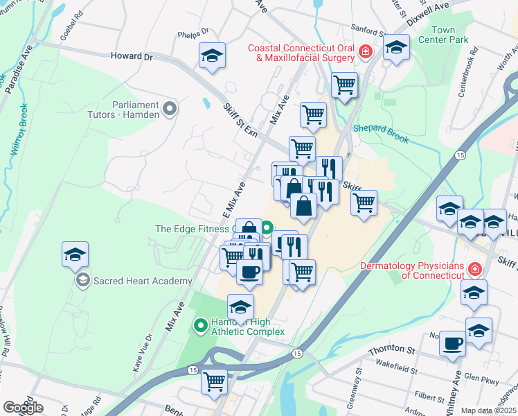 map of restaurants, bars, coffee shops, grocery stores, and more near 739 Mix Avenue in Hamden