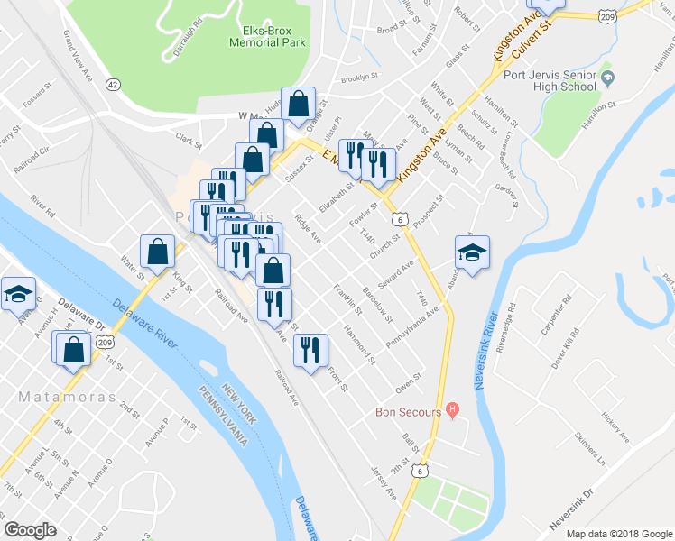 map of restaurants, bars, coffee shops, grocery stores, and more near 11 Barcelow Street in Port Jervis