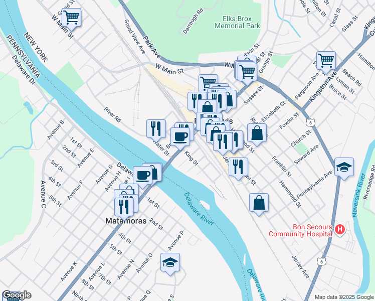 map of restaurants, bars, coffee shops, grocery stores, and more near 17 Pike Street in Port Jervis