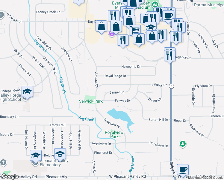 map of restaurants, bars, coffee shops, grocery stores, and more near 8350 Banner Lane in Parma