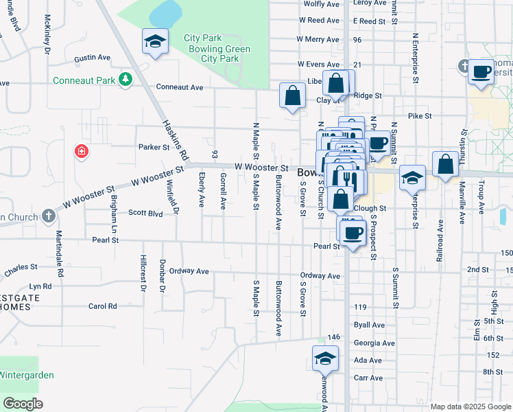 map of restaurants, bars, coffee shops, grocery stores, and more near 220 South Maple Street in Bowling Green