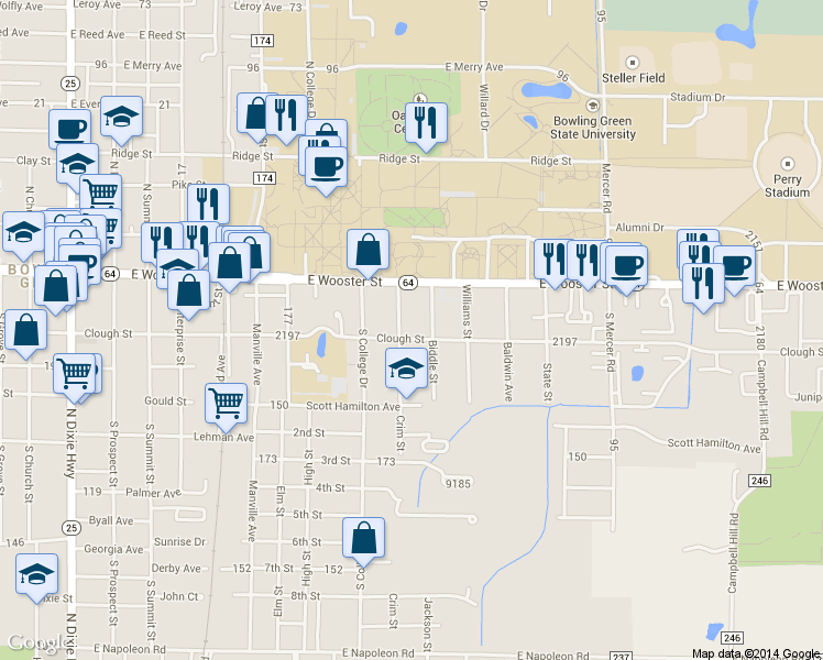 map of restaurants, bars, coffee shops, grocery stores, and more near 1015 Clough Street in Bowling Green