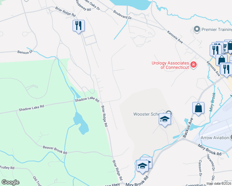 map of restaurants, bars, coffee shops, grocery stores, and more near 6 Rolf Drive in Danbury