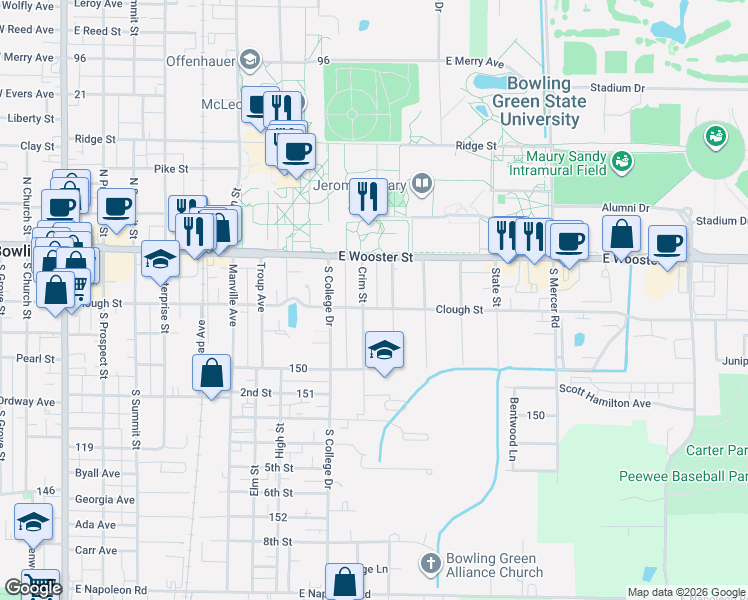 map of restaurants, bars, coffee shops, grocery stores, and more near 1015 Clough Street in Bowling Green
