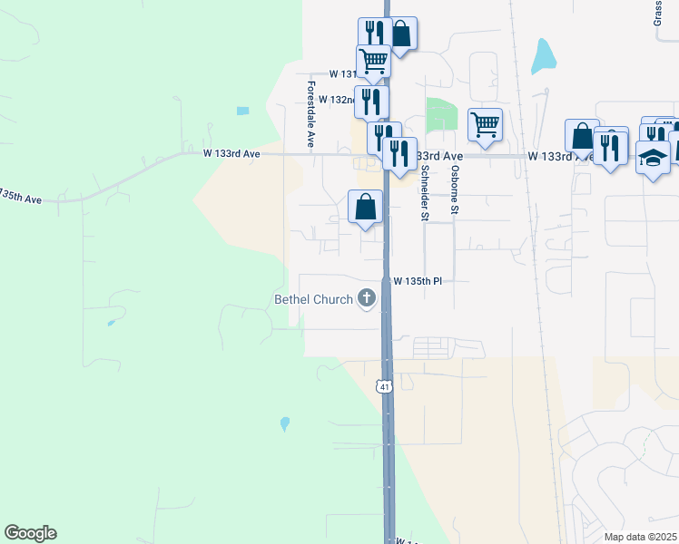 map of restaurants, bars, coffee shops, grocery stores, and more near 11411 West 135th Place in Cedar Lake