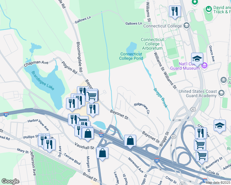 map of restaurants, bars, coffee shops, grocery stores, and more near 98 Hawthorne Drive North in New London