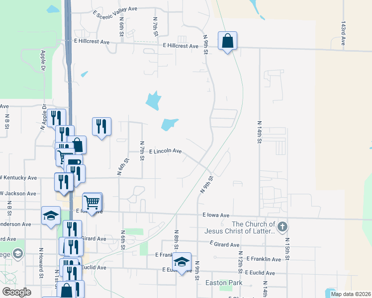 map of restaurants, bars, coffee shops, grocery stores, and more near 1005 East Lincoln Avenue in Indianola