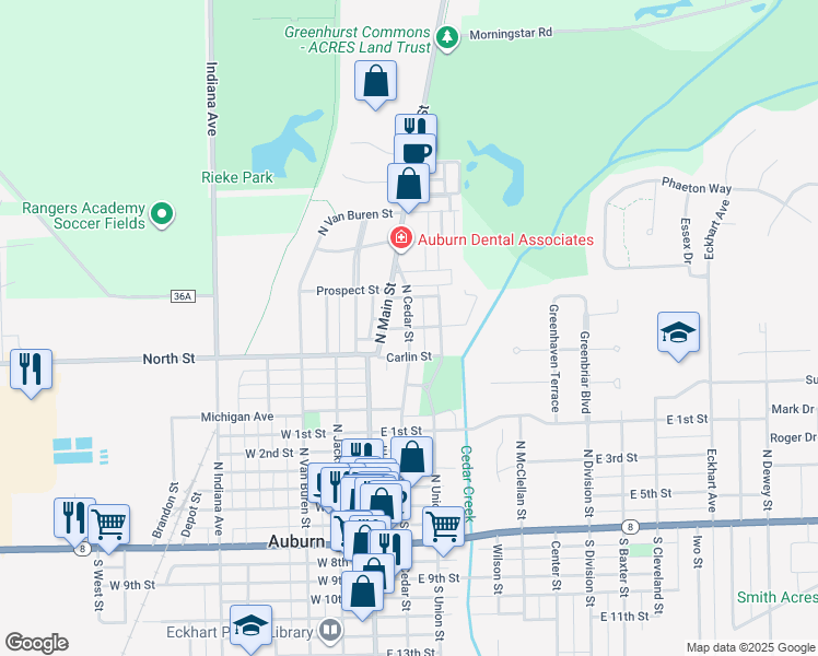map of restaurants, bars, coffee shops, grocery stores, and more near 899 N Cedar St in Auburn