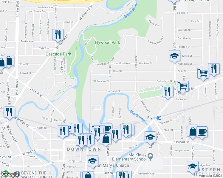 map of restaurants, bars, coffee shops, grocery stores, and more near 204 Harrison Street in Elyria