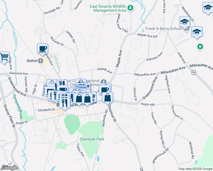 map of restaurants, bars, coffee shops, grocery stores, and more near 4 Maple Avenue in Bethel