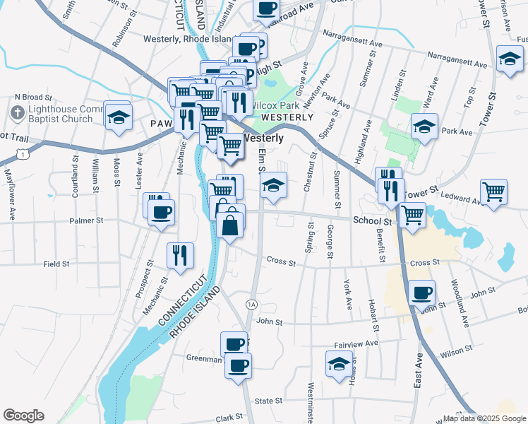 map of restaurants, bars, coffee shops, grocery stores, and more near 35 Elm Street in Westerly