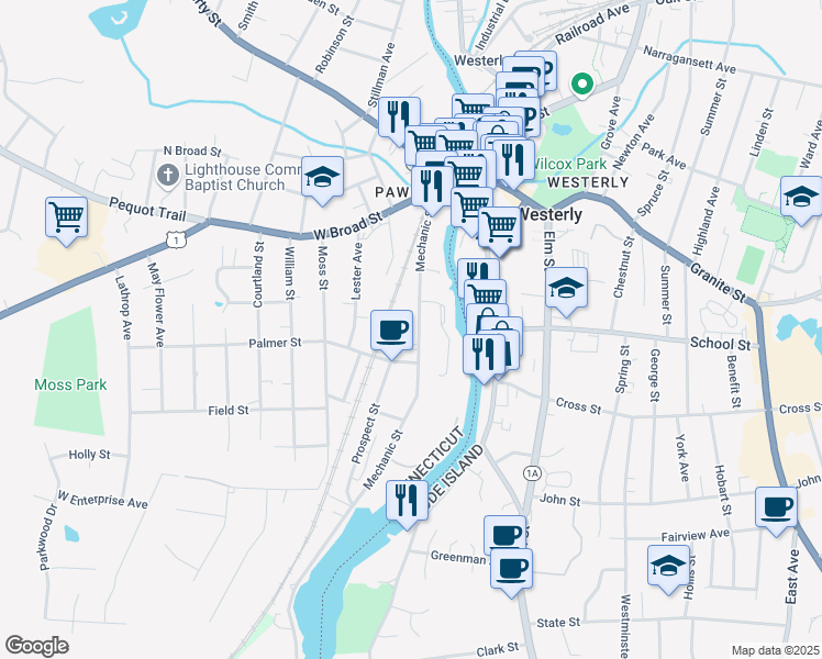 map of restaurants, bars, coffee shops, grocery stores, and more near 82 Mechanic Street in Stonington