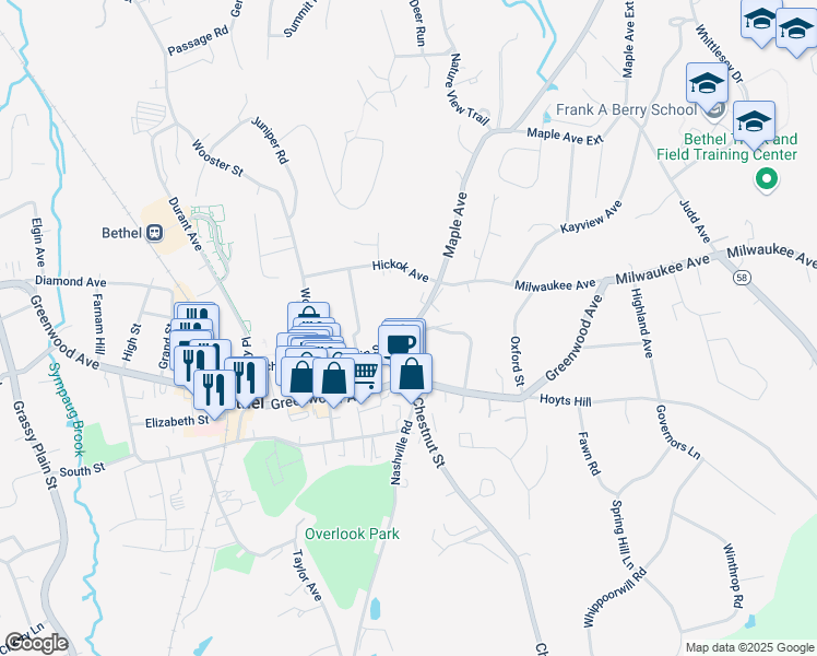 map of restaurants, bars, coffee shops, grocery stores, and more near 32 Prospect Street in Bethel