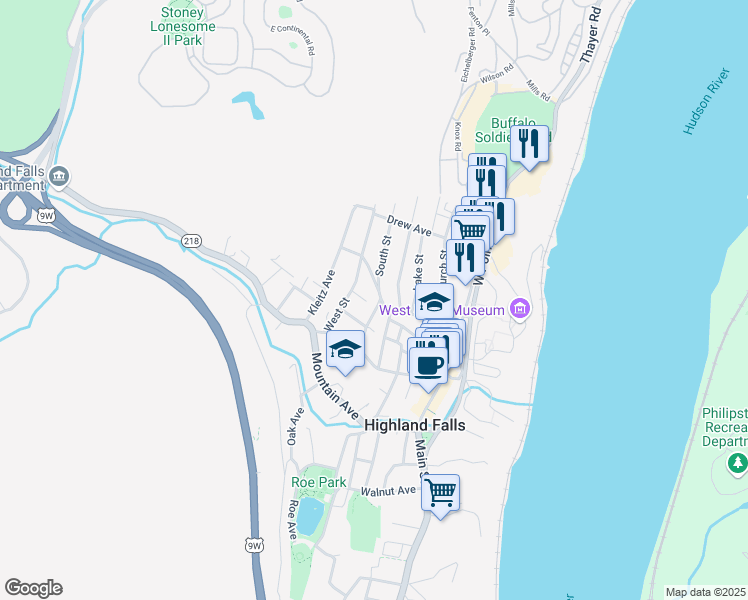 map of restaurants, bars, coffee shops, grocery stores, and more near 17 Prospect Street in Highland Falls