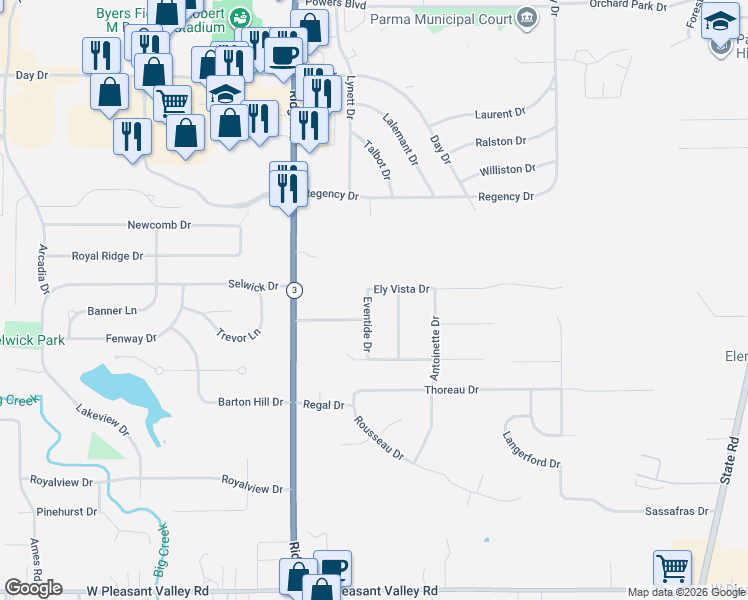 map of restaurants, bars, coffee shops, grocery stores, and more near 7030 Eventide Drive in Parma