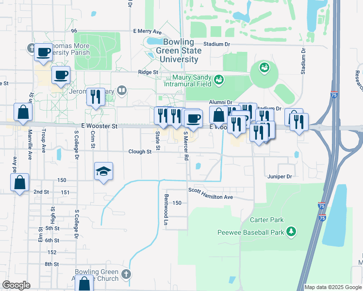 map of restaurants, bars, coffee shops, grocery stores, and more near 1490 Clough Street in Bowling Green