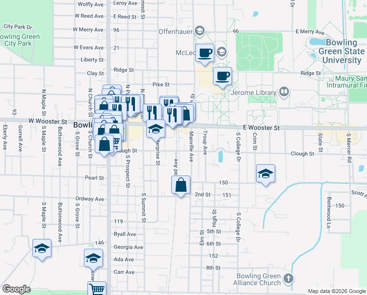 map of restaurants, bars, coffee shops, grocery stores, and more near 428 Clough Street in Bowling Green