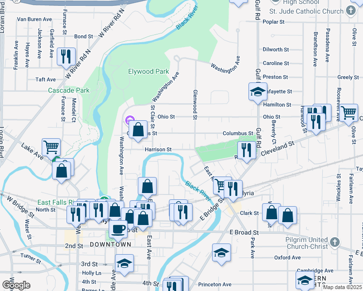 map of restaurants, bars, coffee shops, grocery stores, and more near 254 Harrison Street in Elyria