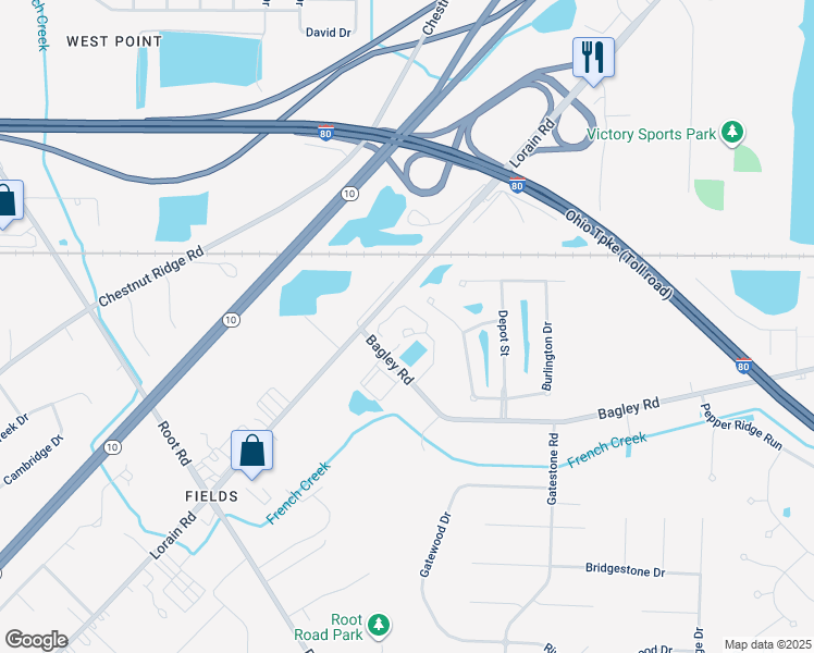 map of restaurants, bars, coffee shops, grocery stores, and more near 33770 Bagley Road in North Ridgeville