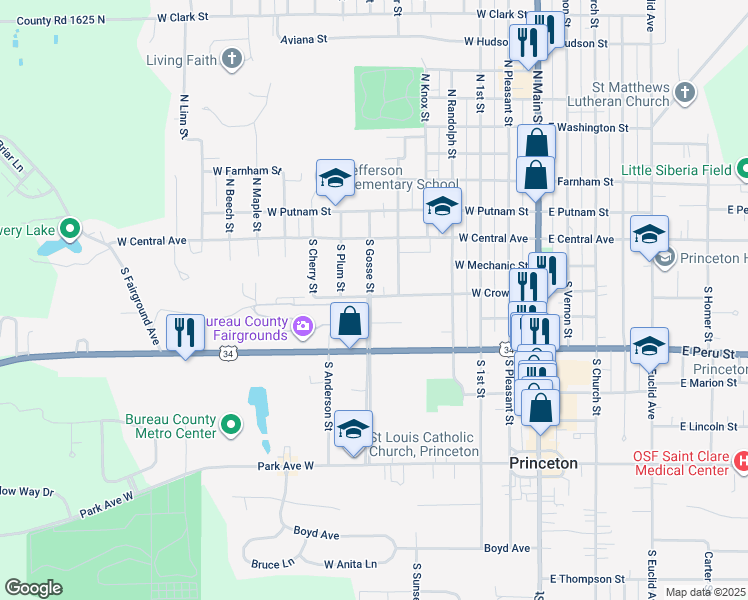 map of restaurants, bars, coffee shops, grocery stores, and more near 512 West Crown Street in Princeton