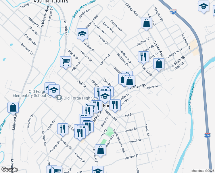 map of restaurants, bars, coffee shops, grocery stores, and more near 213 Charles St in Old Forge