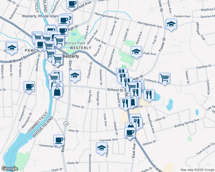 map of restaurants, bars, coffee shops, grocery stores, and more near 20 Chester Avenue in Westerly