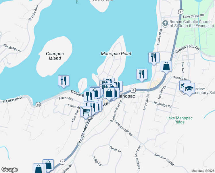 map of restaurants, bars, coffee shops, grocery stores, and more near 7 Tamarack Road in Mahopac