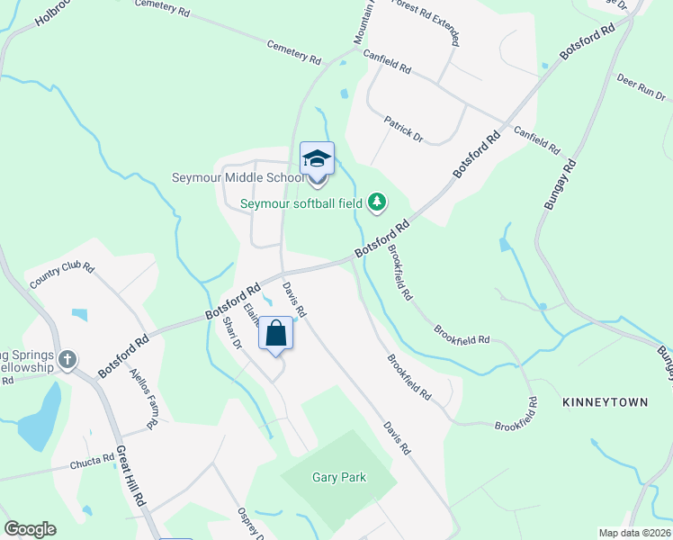 map of restaurants, bars, coffee shops, grocery stores, and more near 99 Botsford Road in Seymour