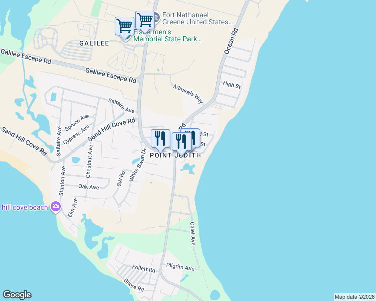 map of restaurants, bars, coffee shops, grocery stores, and more near 5th Street in Narragansett