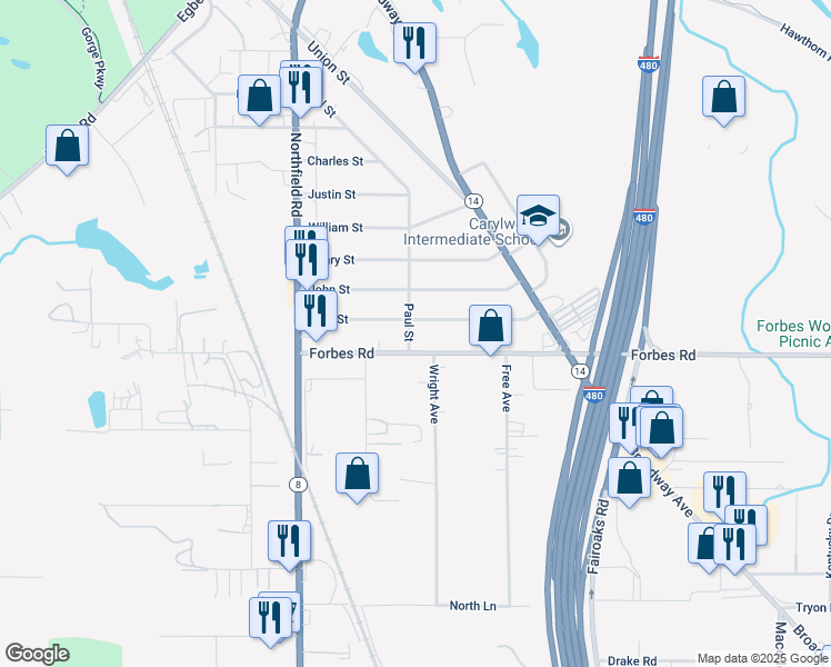 map of restaurants, bars, coffee shops, grocery stores, and more near 354 Paul Street in Bedford