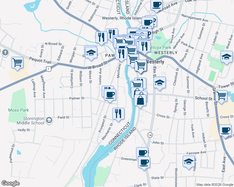 map of restaurants, bars, coffee shops, grocery stores, and more near 71 Mechanic Street in Stonington