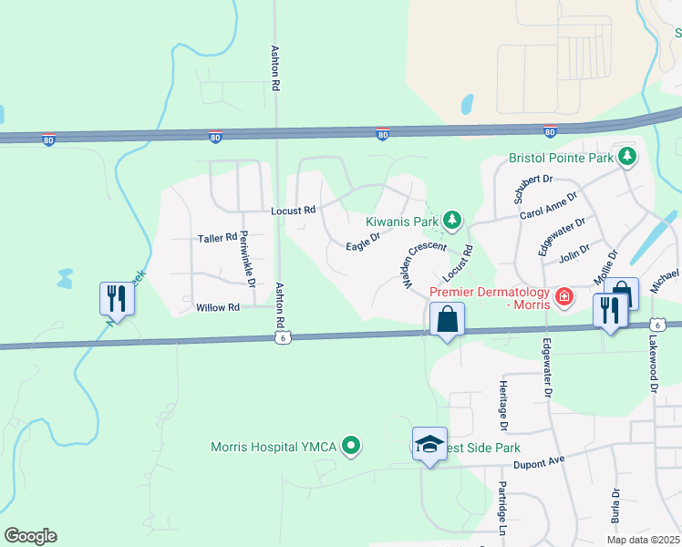map of restaurants, bars, coffee shops, grocery stores, and more near 1811 Sunset Lane in Morris