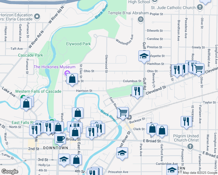 map of restaurants, bars, coffee shops, grocery stores, and more near 109 Glenwood Street in Elyria