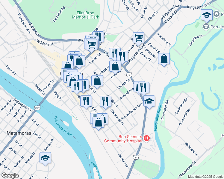 map of restaurants, bars, coffee shops, grocery stores, and more near 19 Barcelow Street in Port Jervis