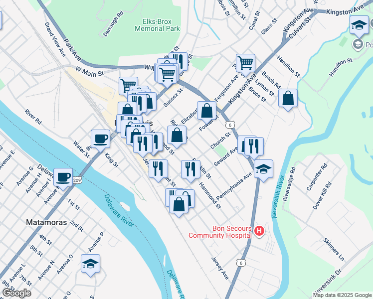 map of restaurants, bars, coffee shops, grocery stores, and more near 39 Franklin Street in Port Jervis