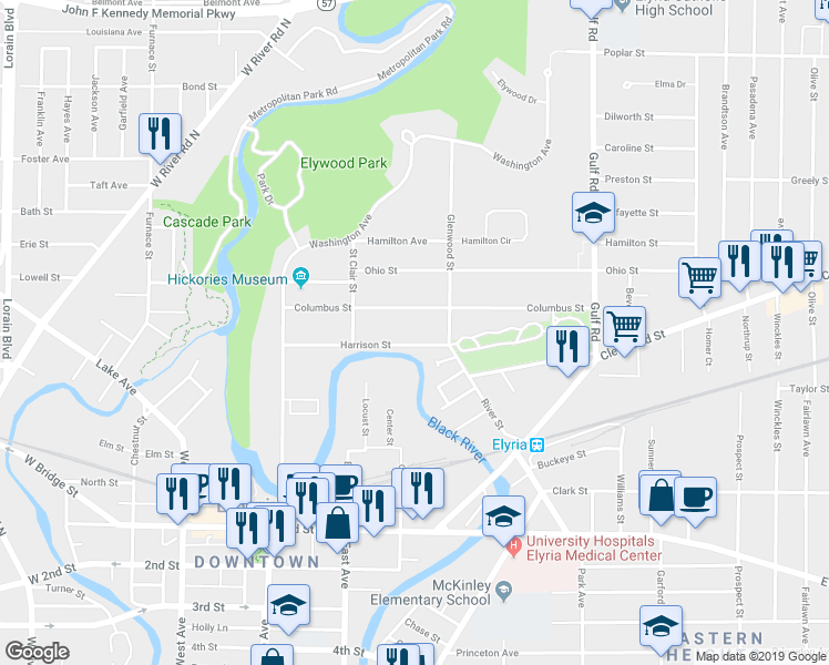 map of restaurants, bars, coffee shops, grocery stores, and more near 257 Harrison Street in Elyria