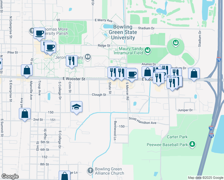 map of restaurants, bars, coffee shops, grocery stores, and more near 1432 Clough Street in Bowling Green