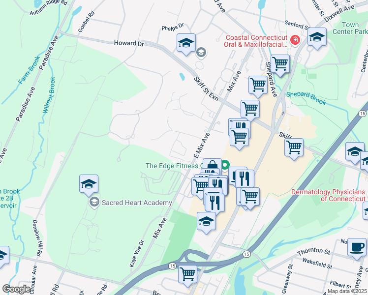 map of restaurants, bars, coffee shops, grocery stores, and more near 720 Mix Avenue in Hamden